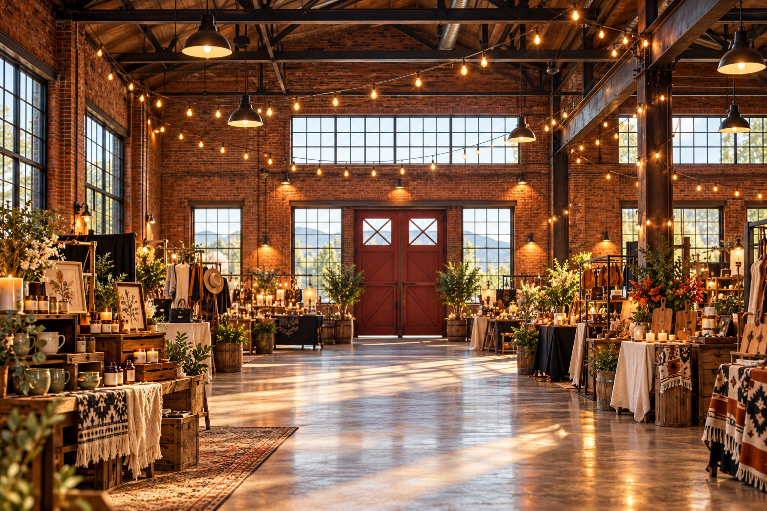 Brick market hall with string lights, vendor tables, and red barn doors